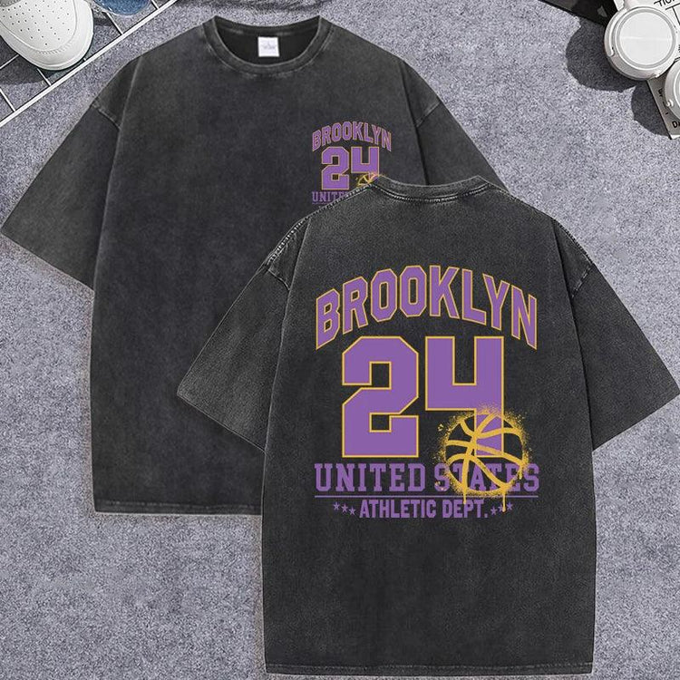 Unisex Vintage Washed T-Shirt – Brooklyn 24 Graphic Cotton Loose Fit Tee unisex-tshirt AllTrendMart Black XS