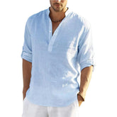 Men’s Cotton Linen T-Shirt – Casual Loose Long Sleeve Stand Collar Top men-tshirt AllTrendMart Blue US S 50-60 KG