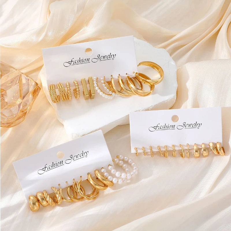 Bohemian Pearl & Gold Hoop Earrings Set