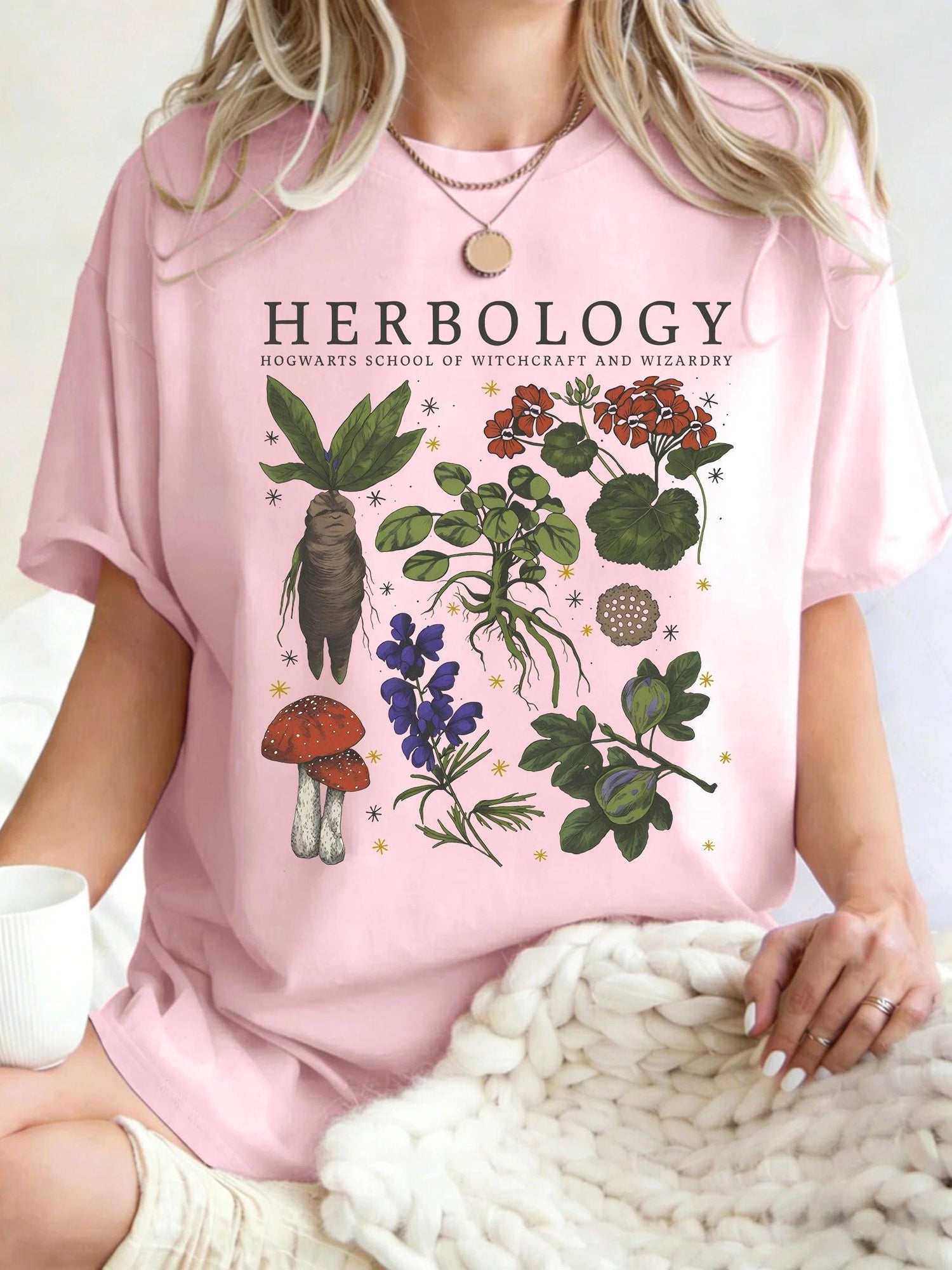 Women’s Herbology Graphic Cotton T-Shirt – Vintage Botanical Casual Tee women-tshirt AllTrendMart Pink S