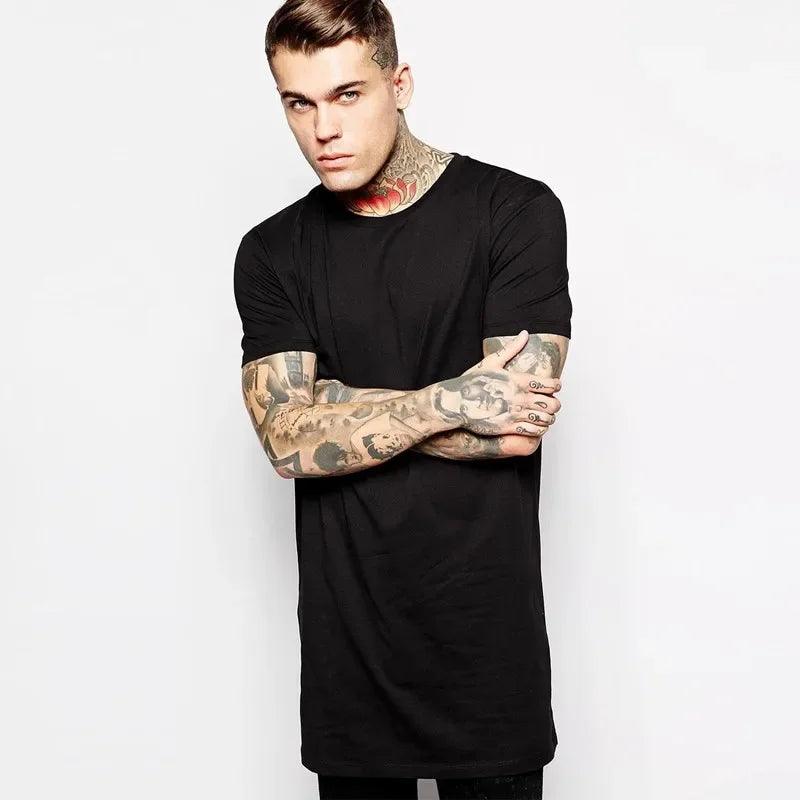 Men’s Longline Cotton T-Shirt – Hip Hop Extra Long Casual Tee men-tshirt AllTrendMart Fashion Black S
