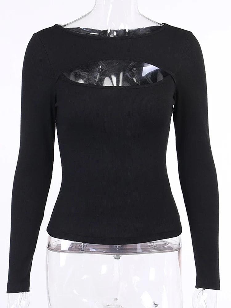 Women’s Cut-Out Long Sleeve T-Shirt – Slim Fit Knitted Casual Top women-tshirt AllTrendMart