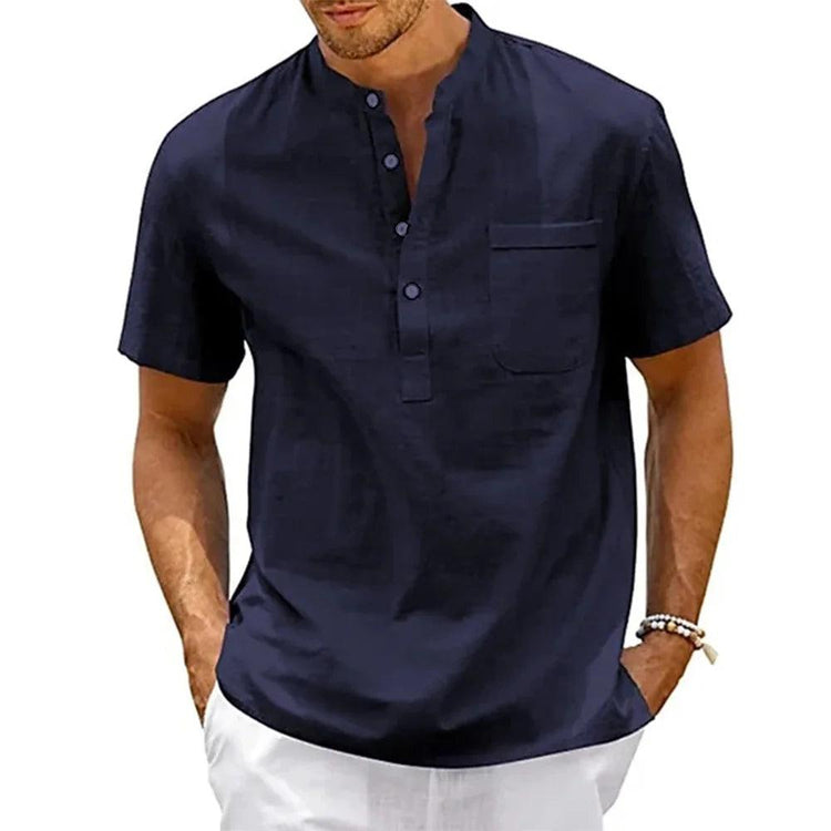 Men’s Cotton Linen Henley Shirt – Short Sleeve Casual Summer Top men-tshirt AllTrendMart Navy Blue US S 50-60 KG