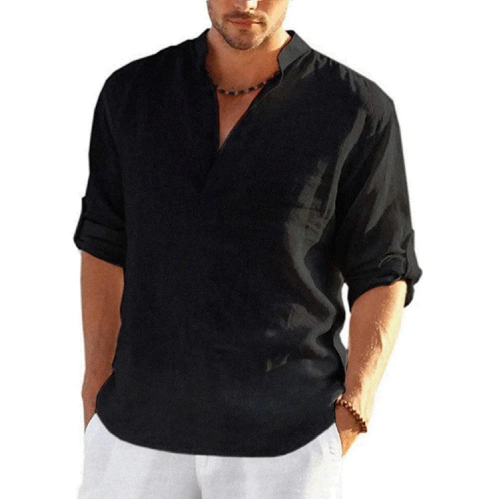 Men’s Cotton Linen T-Shirt – Casual Loose Long Sleeve Stand Collar Top men-tshirt AllTrendMart