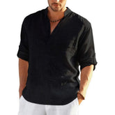 Men’s Cotton Linen T-Shirt – Casual Loose Long Sleeve Stand Collar Top men-tshirt AllTrendMart