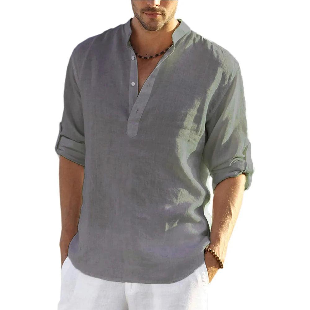 Men’s Cotton Linen T-Shirt – Casual Loose Long Sleeve Stand Collar Top men-tshirt AllTrendMart Gray US S 50-60 KG