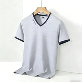 Men’s V-Neck Contrast Trim T-Shirt – Slim Fit Casual Summer Tee men-tshirt AllTrendMart Gray M
