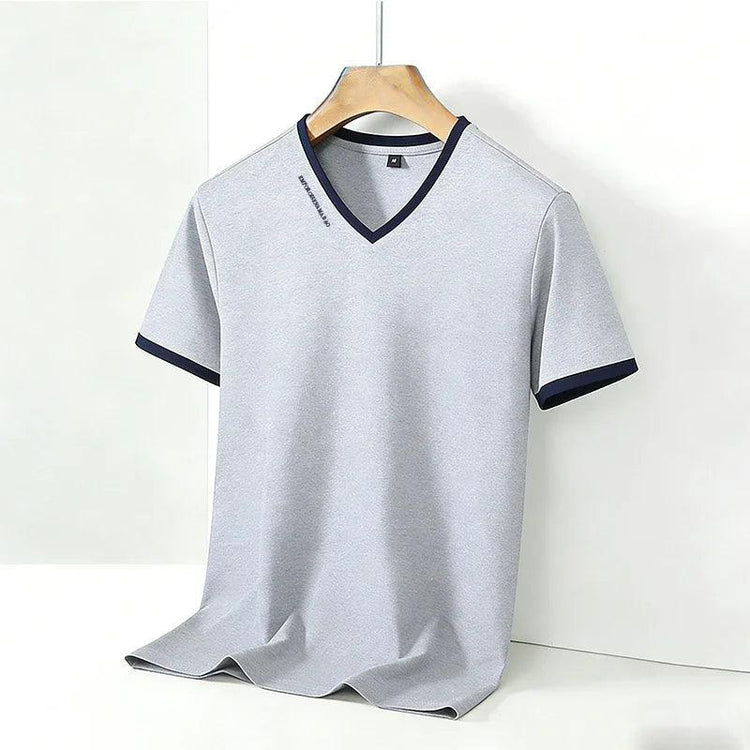 Men’s V-Neck Contrast Trim T-Shirt – Slim Fit Casual Summer Tee men-tshirt AllTrendMart Gray M