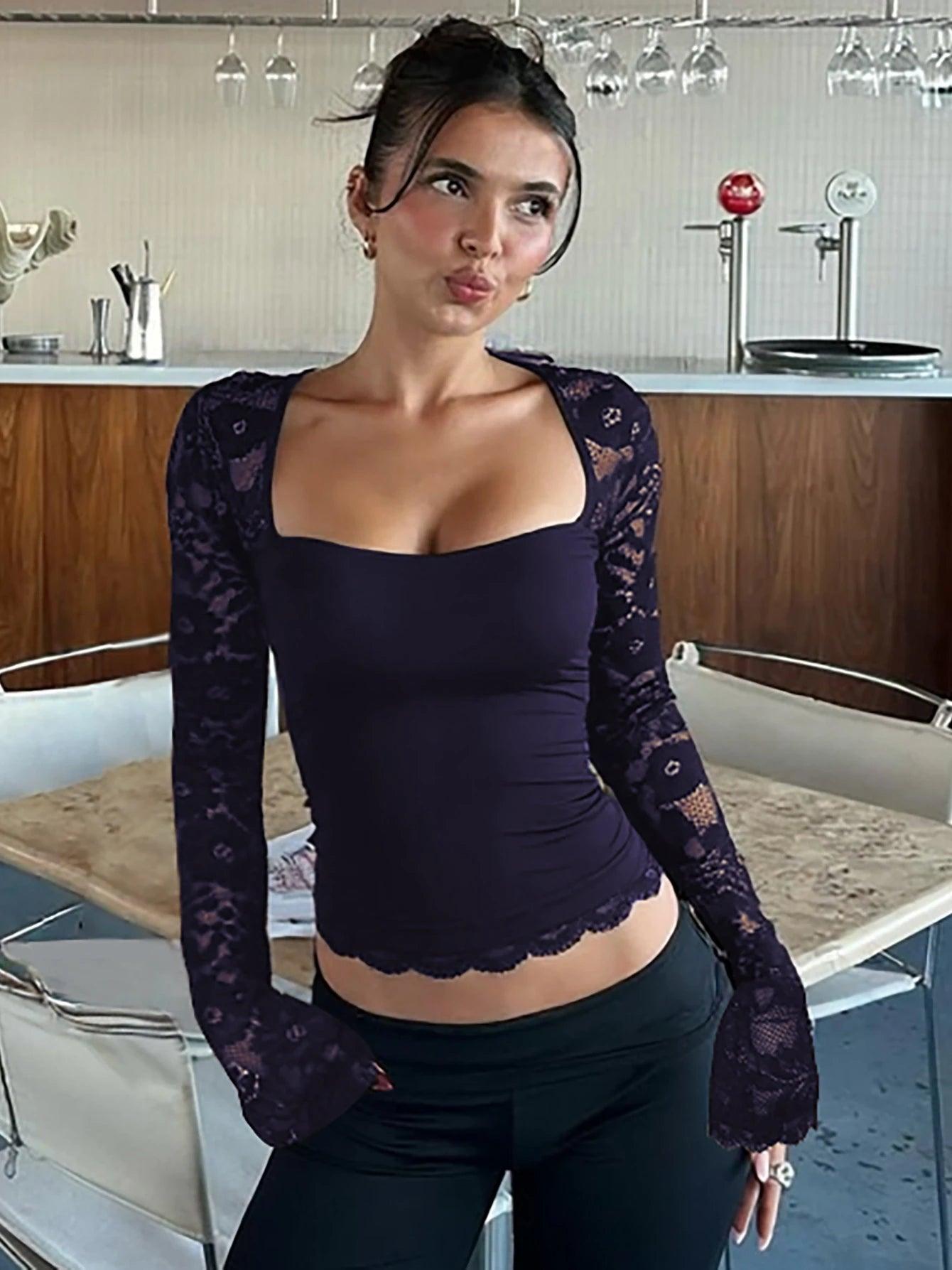 Women’s Sheer Lace Floral Crop T-Shirt – Square Neck Long Sleeve Party Top women-tshirt AllTrendMart