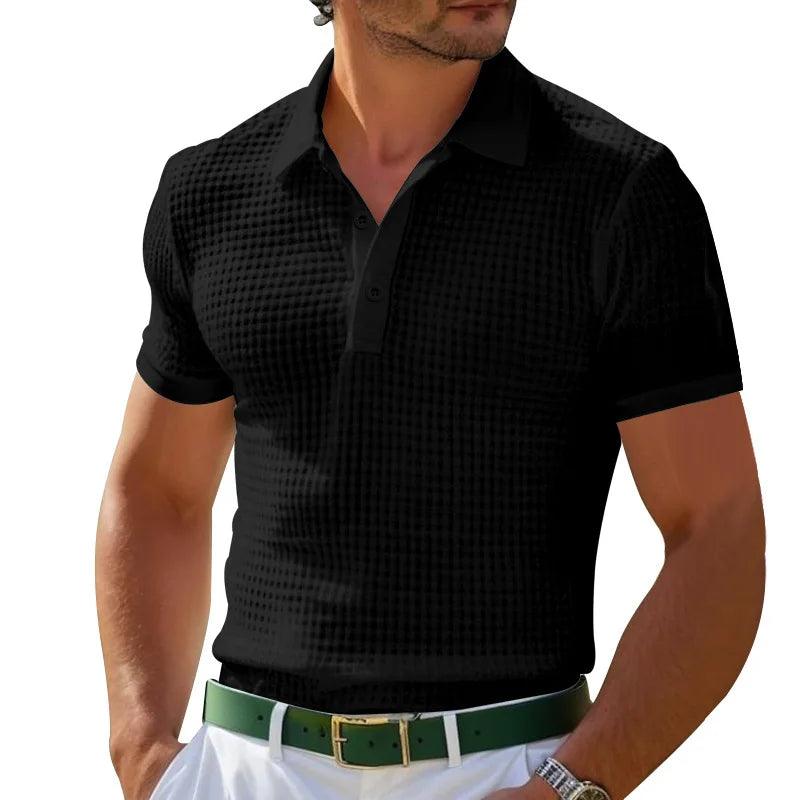 Men’s Waffle Knit Polo Shirt – Slim Fit Short Sleeve Casual Summer Top men-tshirt AllTrendMart Black S