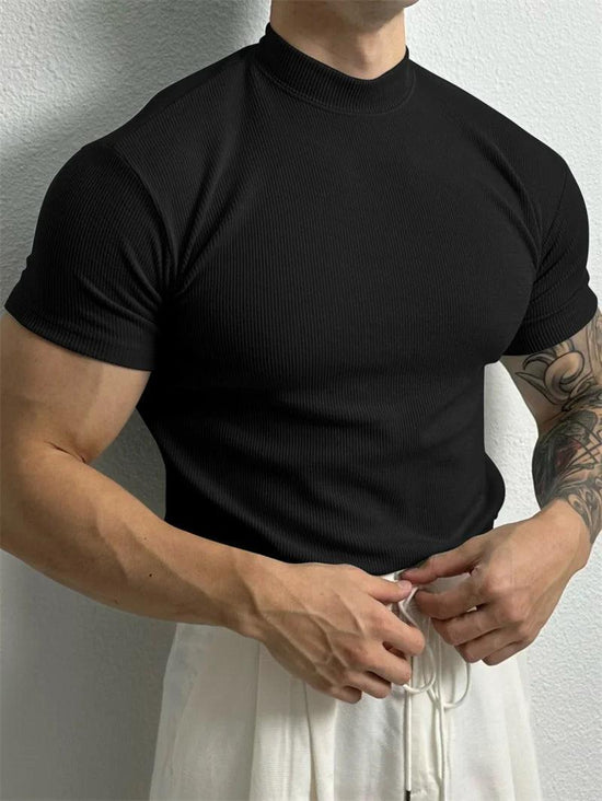 Men’s Striped Short Sleeve T-Shirt – High Collar Casual Fitness Top men-tshirt AllTrendMart