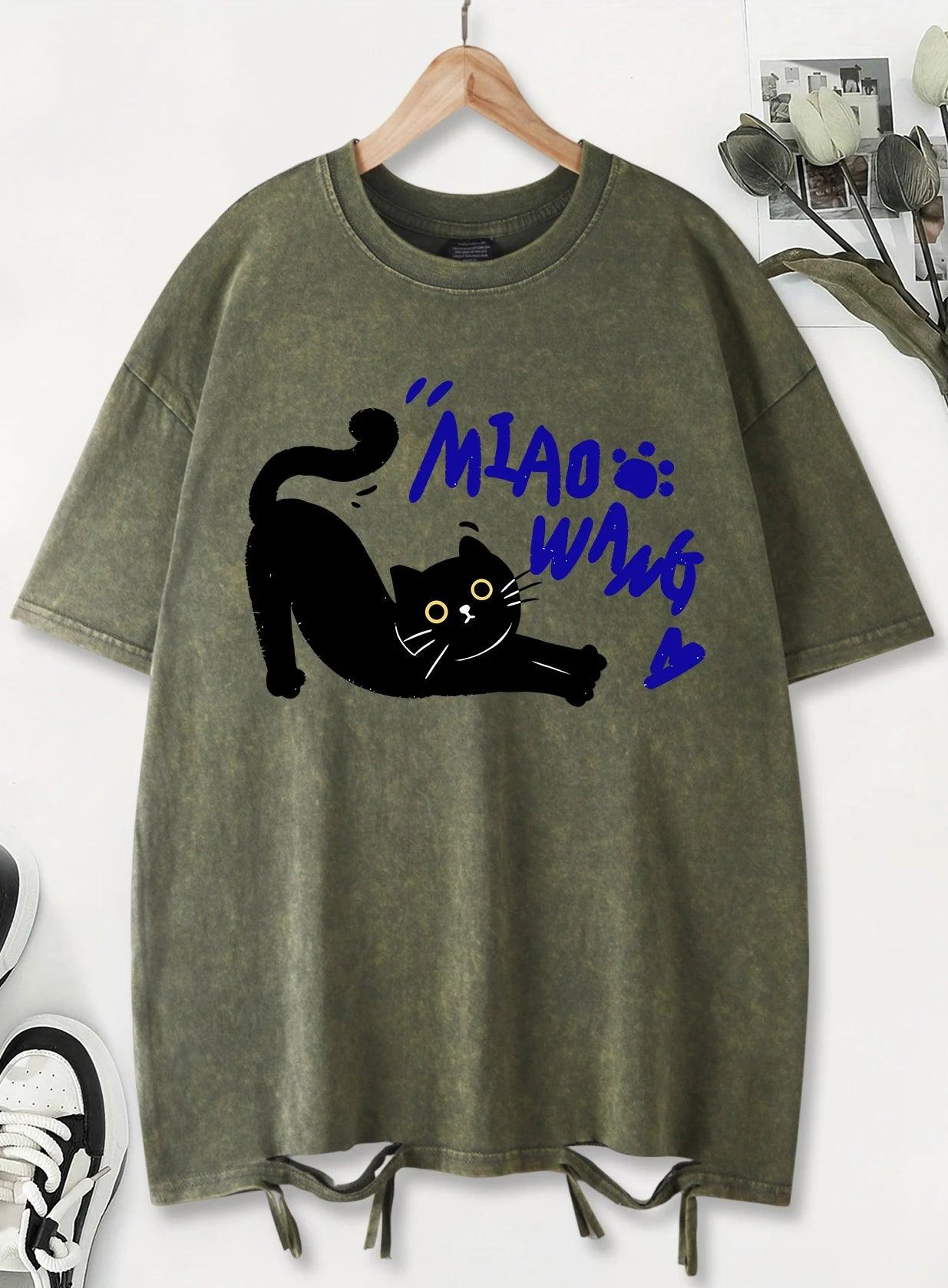 Unisex Vintage Washed T-Shirt – Black Cat Graphic Cotton Loose Fit Tee unisex-tshirt AllTrendMart Dark Green XS