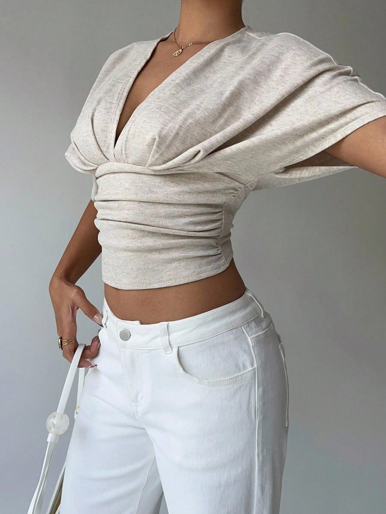 Women’s Deep V-Neck Pleated T-Shirt – Slim Fit Short Sleeve Top women-tshirt AllTrendMart