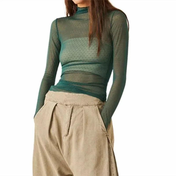 Women’s Sheer Mesh Turtleneck Top – Slim Fit Long Sleeve Clubwear women-tshirt AllTrendMart Green S