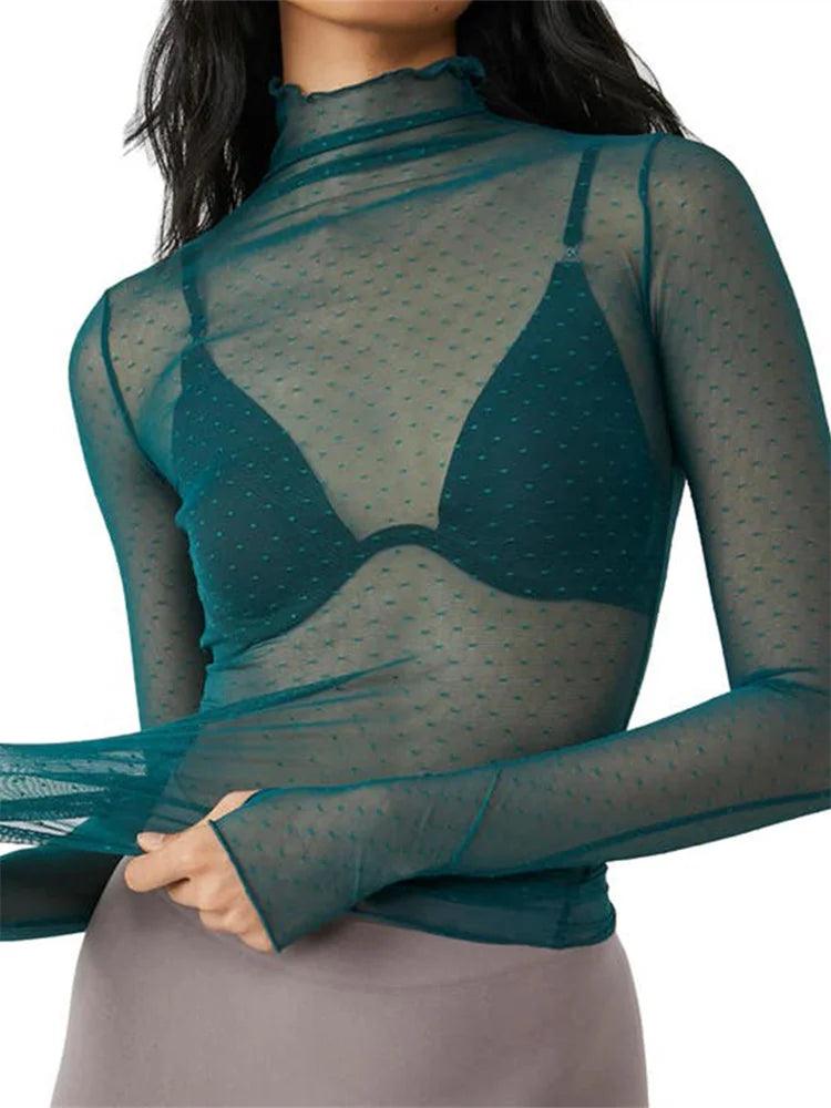 Women’s Sheer Mesh Turtleneck Top – Slim Fit Long Sleeve Clubwear women-tshirt AllTrendMart