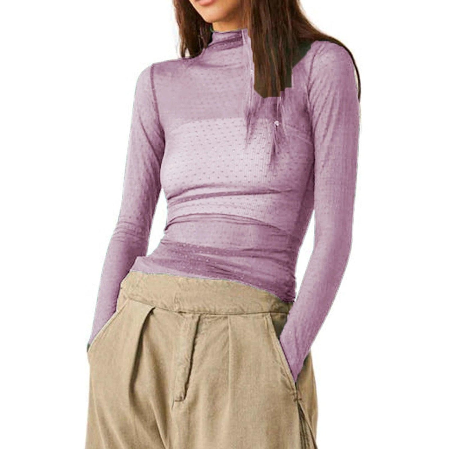 Women’s Sheer Mesh Turtleneck Top – Slim Fit Long Sleeve Clubwear women-tshirt AllTrendMart Purple S