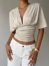 Women’s Deep V-Neck Pleated T-Shirt – Slim Fit Short Sleeve Top women-tshirt AllTrendMart