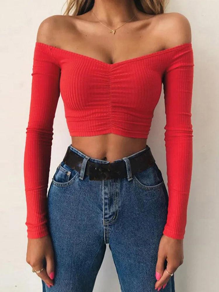 Women’s Off Shoulder Long Sleeve T-Shirt – Slim Fit Clubwear Top women-tshirt AllTrendMart