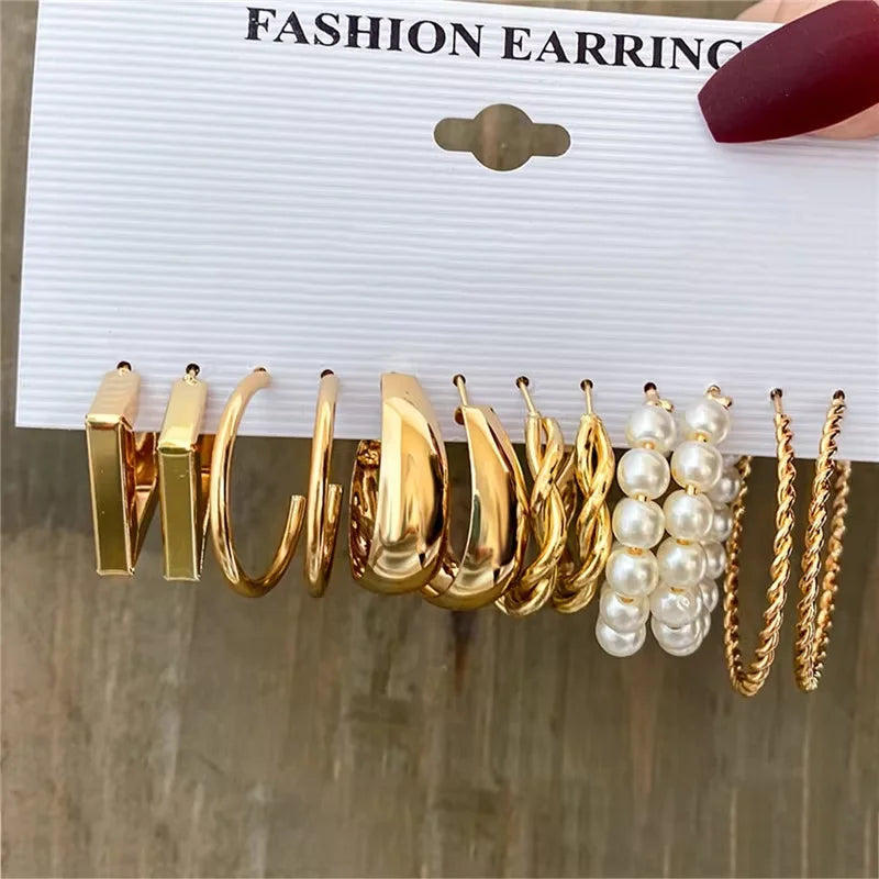 Bohemian Pearl & Gold Hoop Earrings Set
