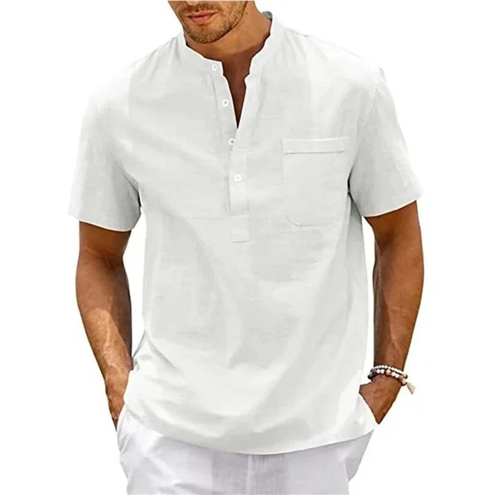 Men’s Cotton Linen Henley Shirt – Short Sleeve Casual Summer Top men-tshirt AllTrendMart White US S 50-60 KG