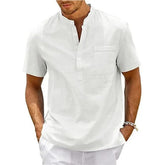 Men’s Cotton Linen Henley Shirt – Short Sleeve Casual Summer Top men-tshirt AllTrendMart White US S 50-60 KG