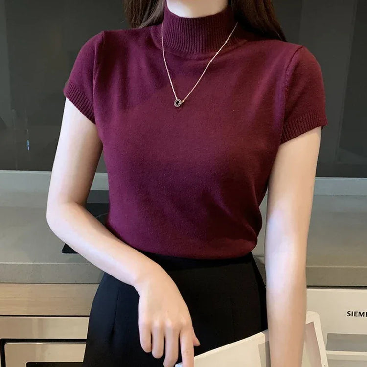 Women Half High Neck T-Shirt – Slim Fit Casual Elegant Top women-tshirt AllTrendMart Wine Red One Size