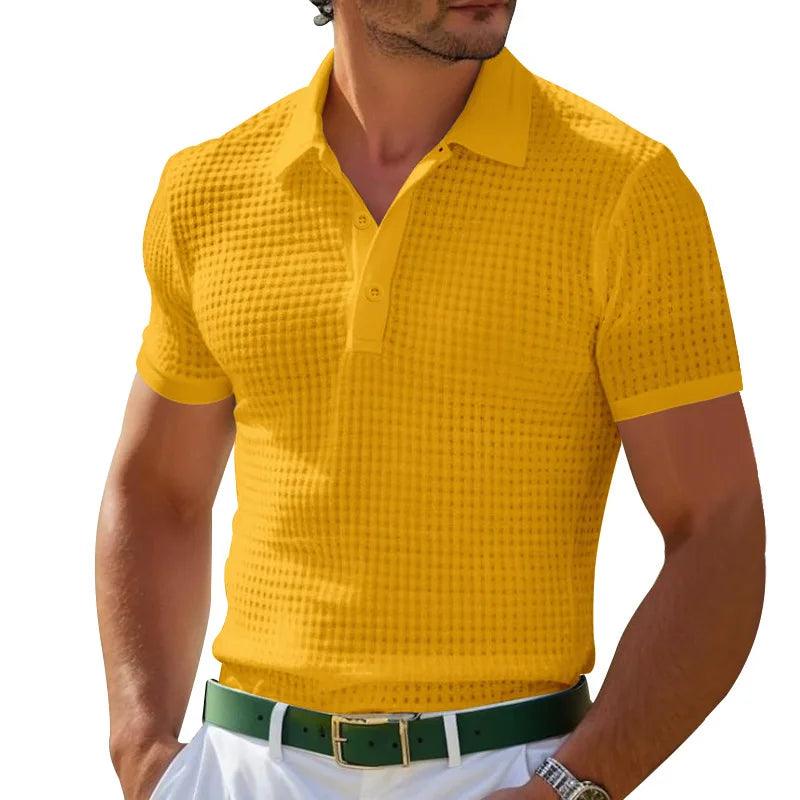 Men’s Waffle Knit Polo Shirt – Slim Fit Short Sleeve Casual Summer Top men-tshirt AllTrendMart Yellow S