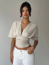 Women’s Deep V-Neck Pleated T-Shirt – Slim Fit Short Sleeve Top women-tshirt AllTrendMart