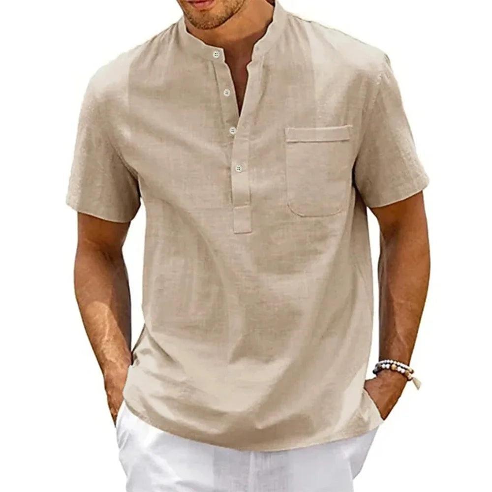 Men’s Cotton Linen Henley Shirt – Short Sleeve Casual Summer Top men-tshirt AllTrendMart
