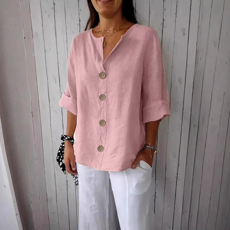 Women’s V-Neck Button T-Shirt – Loose Fit Long Sleeve Casual Top women-tshirt AllTrendMart Pink S