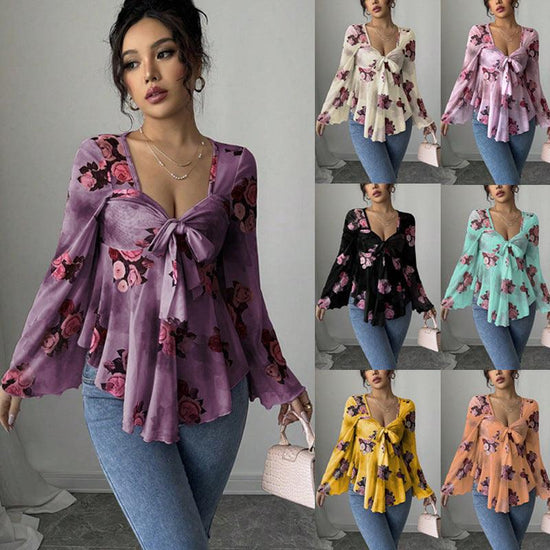 Women’s Floral Lace-Up Square Neck T-Shirt – Long Sleeve Casual Top women-tshirt AllTrendMart