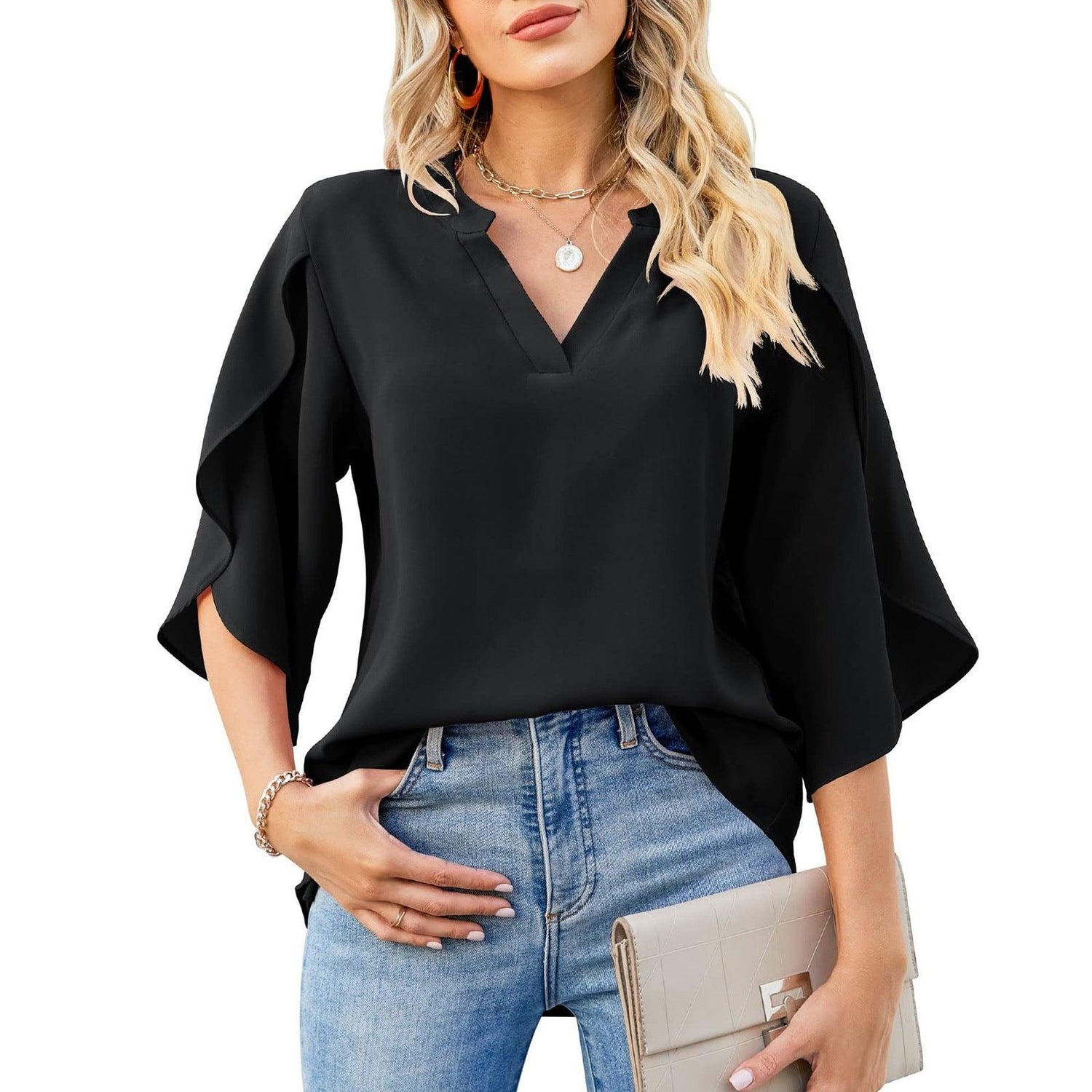 Women’s Petal Sleeve V-Neck T-Shirt – Loose Casual Chiffon Top women-tshirt AllTrendMart Black S