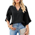 Women’s Petal Sleeve V-Neck T-Shirt – Loose Casual Chiffon Top women-tshirt AllTrendMart Black S