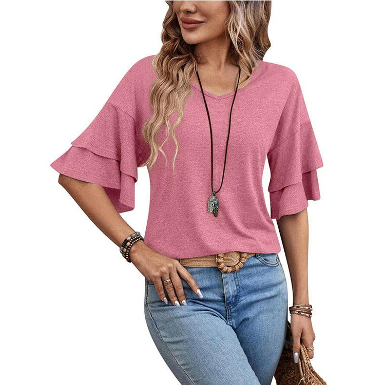Women’s V-Neck Ruffle Sleeve T-Shirt – Loose Fit Casual Mid Sleeve Top women-tshirt AllTrendMart Pink L