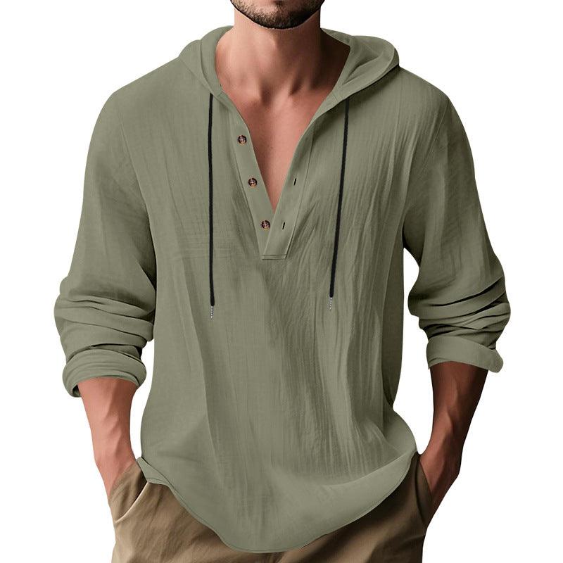 Men’s Hooded Long Sleeve T-Shirt – Lightweight Linen Casual Hoodie men-tshirt AllTrendMart Army Green S