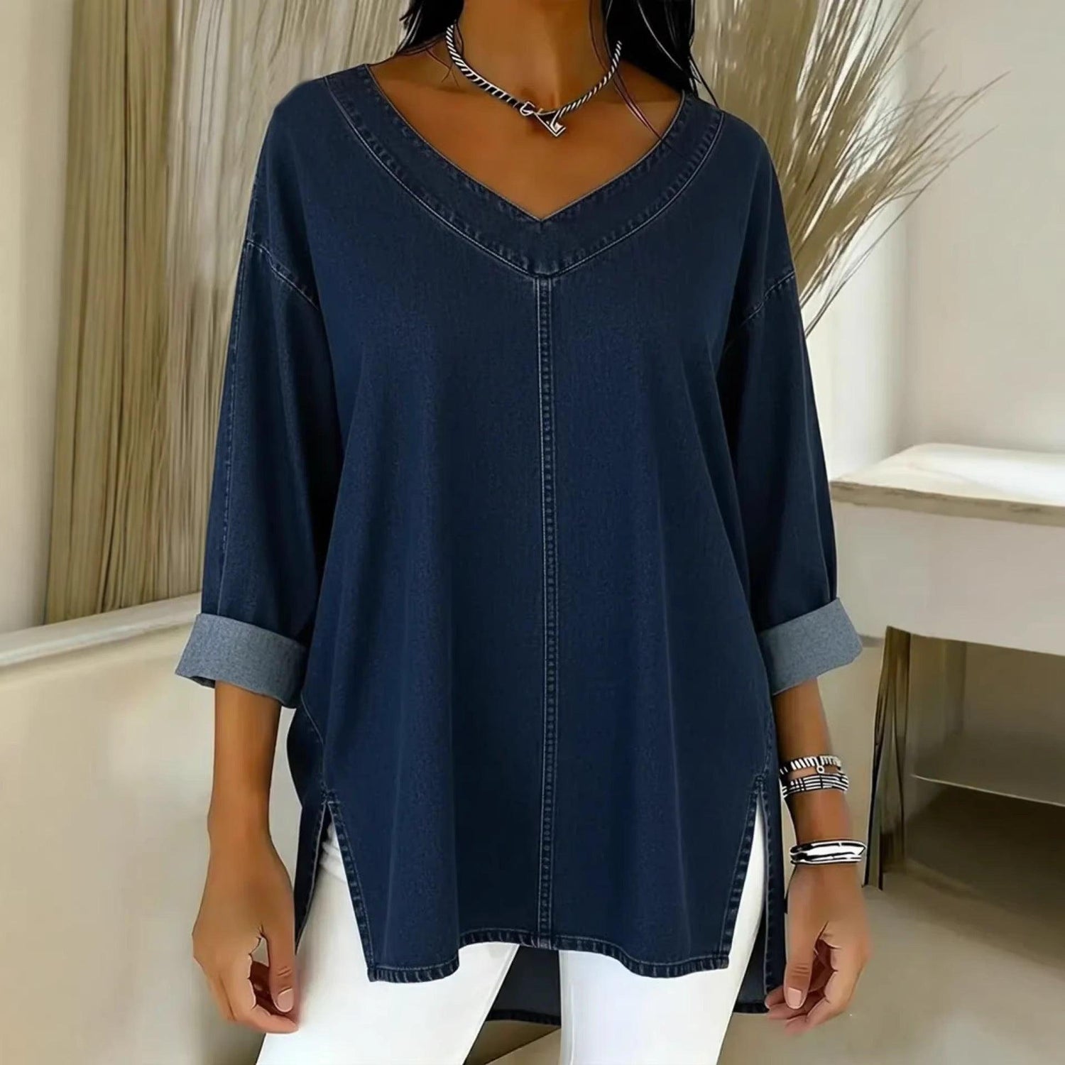 Women’s Denim-Look V-Neck Long Sleeve T-Shirt – Casual Soft Top women-tshirt AllTrendMart Dark Blue S