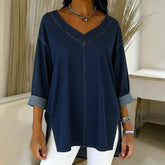 Women’s Denim-Look V-Neck Long Sleeve T-Shirt – Casual Soft Top women-tshirt AllTrendMart Dark Blue S
