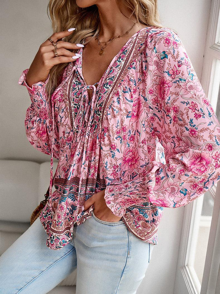 Women’s Printed V-Neck Long Sleeve T-Shirt – Casual Soft Tee women-tshirt AllTrendMart Pink S
