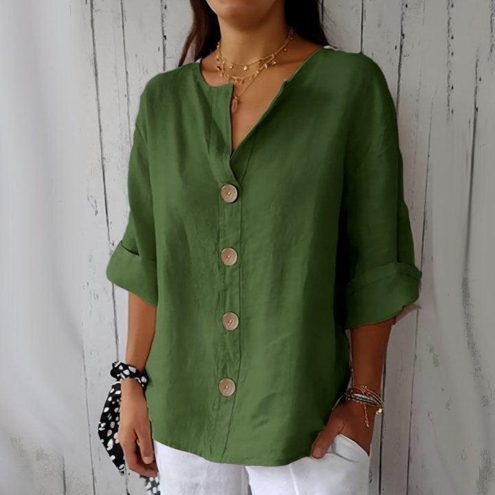 Women’s V-Neck Button T-Shirt – Loose Fit Long Sleeve Casual Top women-tshirt AllTrendMart