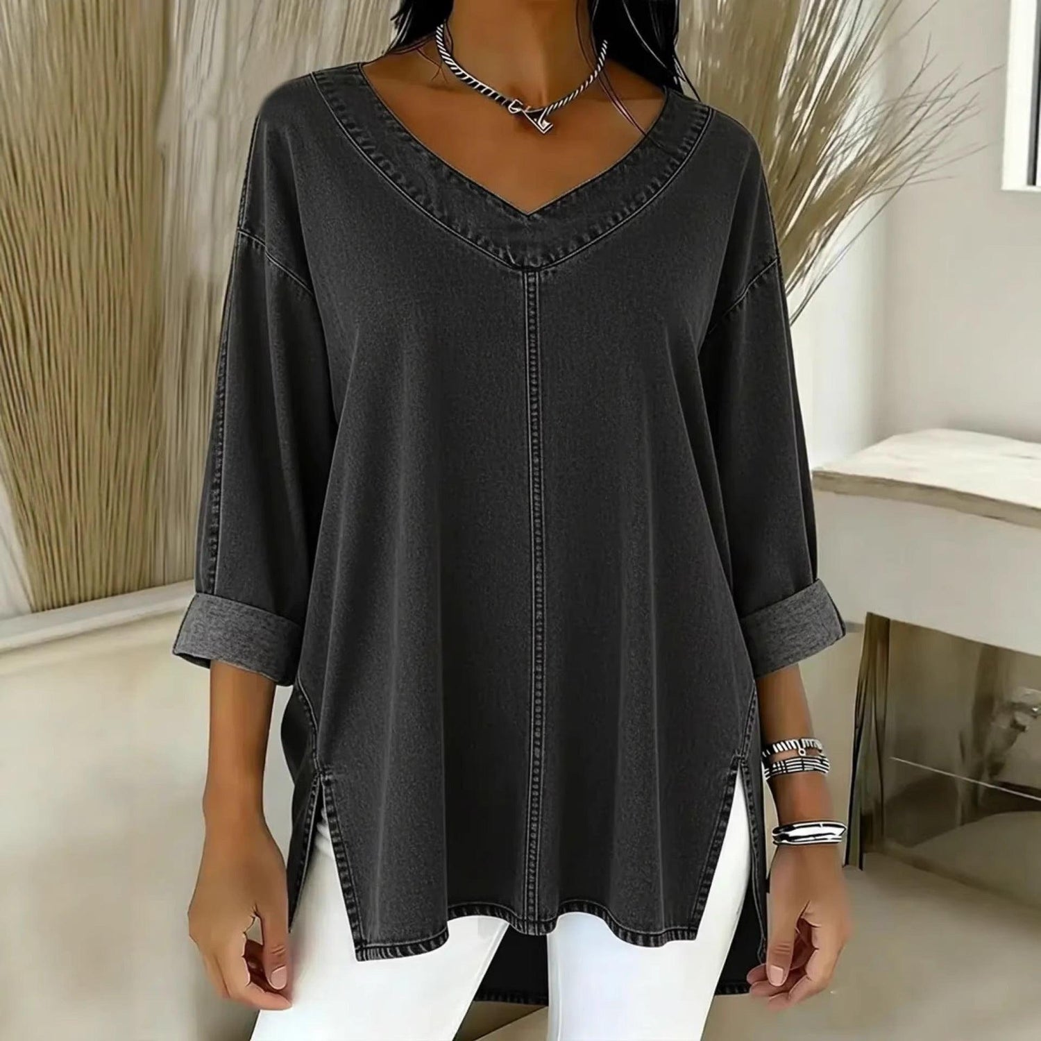 Women’s Denim-Look V-Neck Long Sleeve T-Shirt – Casual Soft Top women-tshirt AllTrendMart Dark Gray S