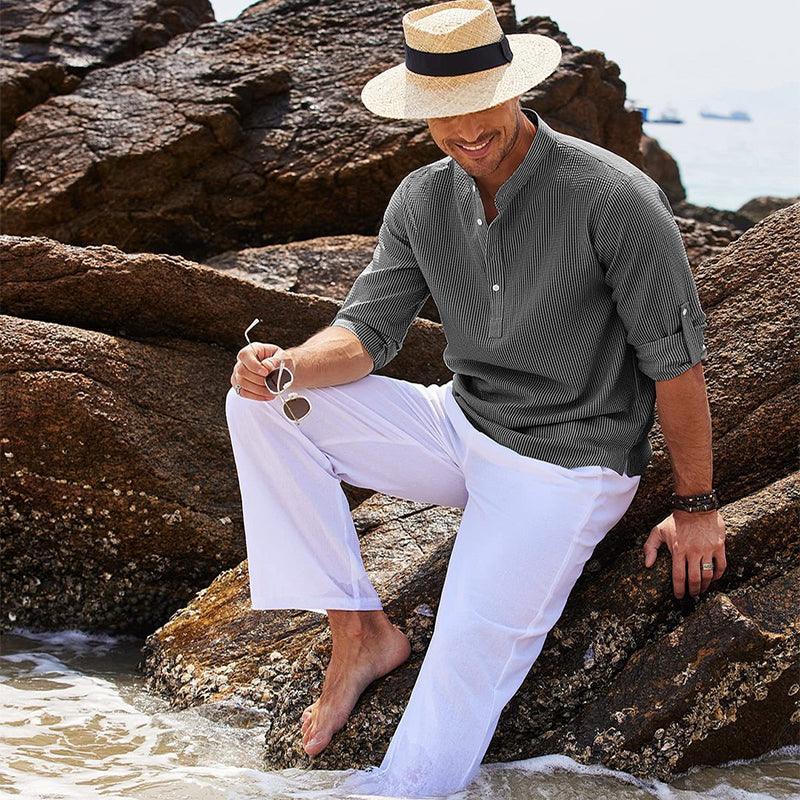 Men’s Stand Collar Long Sleeve Shirt – Casual Loose Fit Solid Color Top men-tshirt AllTrendMart