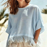Women’s Tassel Cotton Linen T-Shirt – Loose Fit Batwing Sleeve Casual Top women-tshirt AllTrendMart Light Blue S