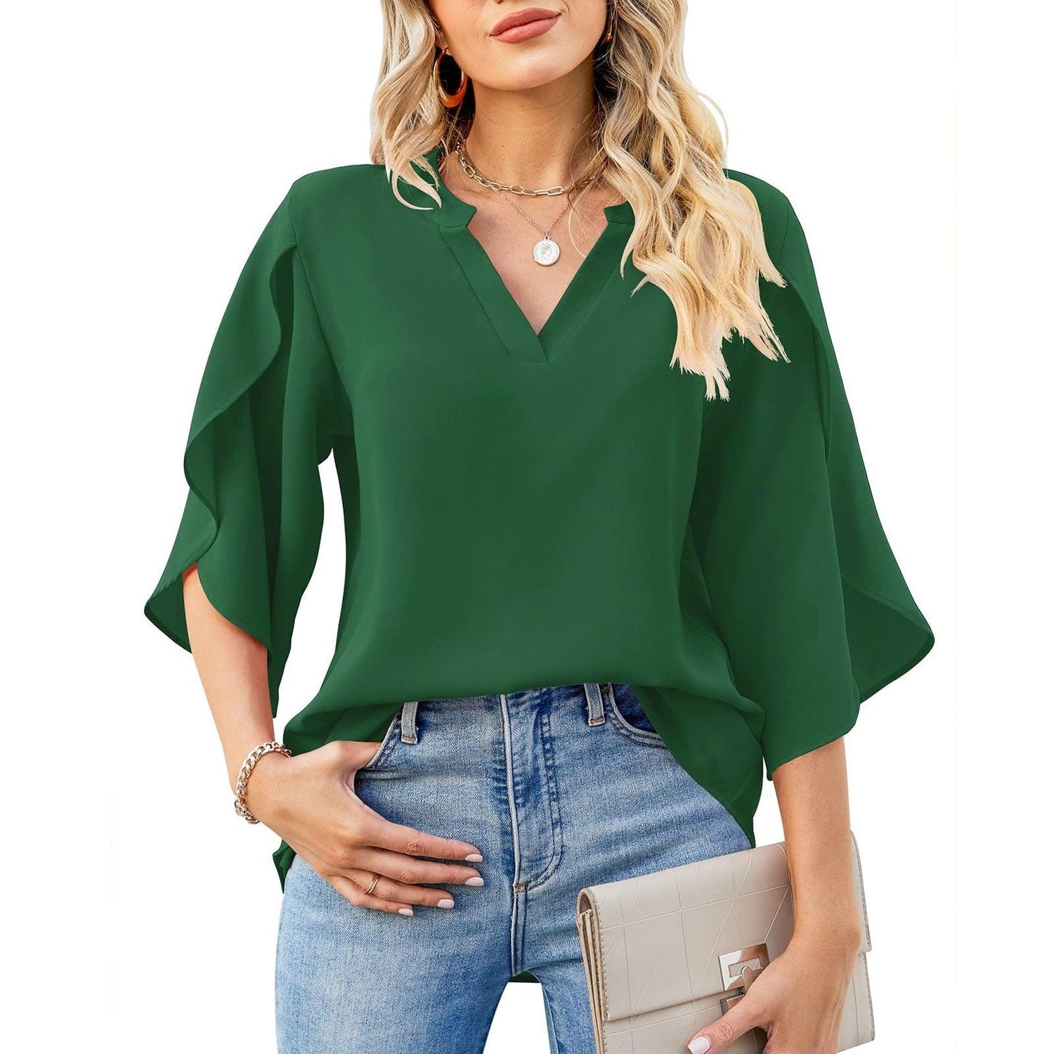 Women’s Petal Sleeve V-Neck T-Shirt – Loose Casual Chiffon Top women-tshirt AllTrendMart Green S