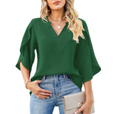 Women’s Petal Sleeve V-Neck T-Shirt – Loose Casual Chiffon Top women-tshirt AllTrendMart Green S