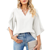 Women’s Petal Sleeve V-Neck T-Shirt – Loose Casual Chiffon Top women-tshirt AllTrendMart White S
