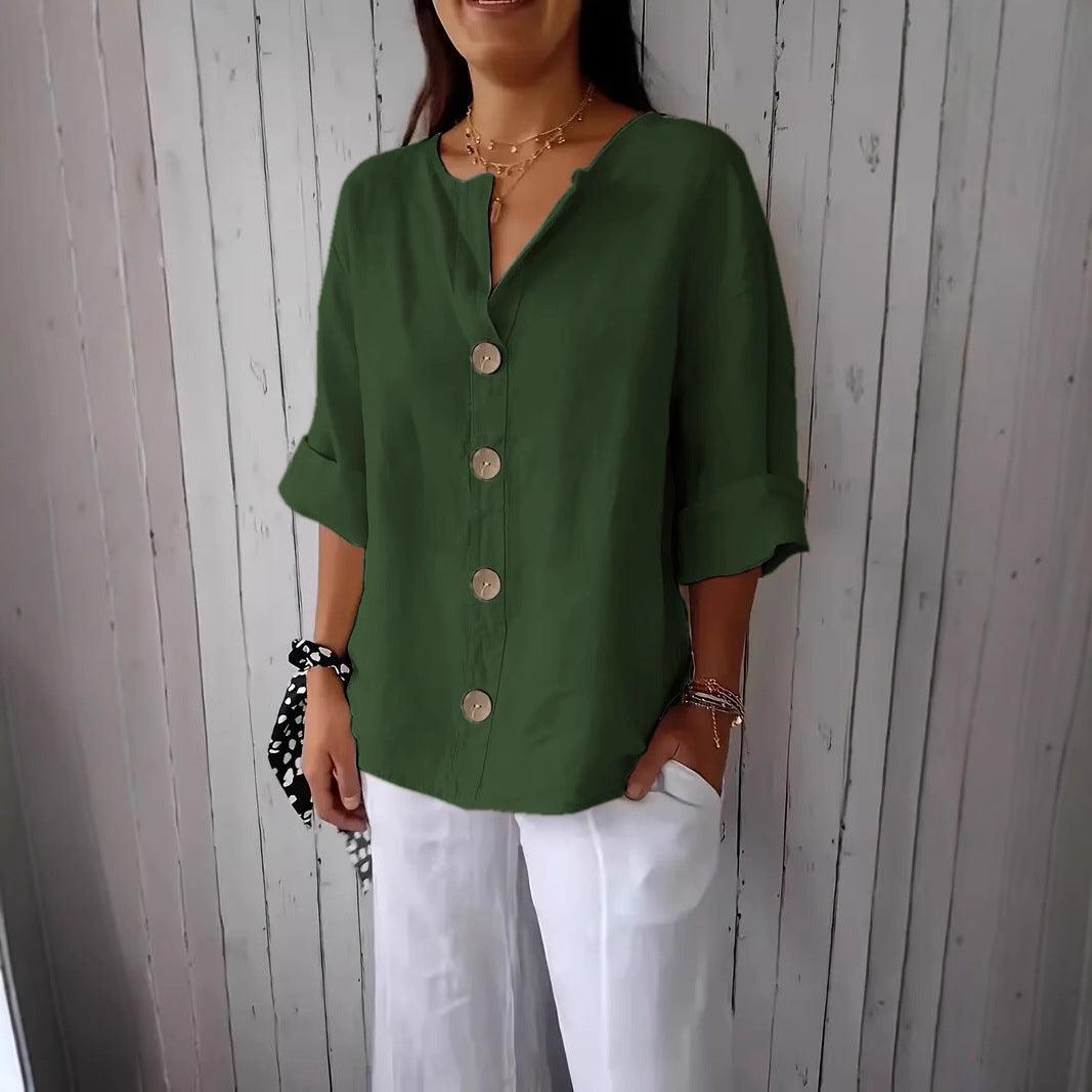 Women’s V-Neck Button T-Shirt – Loose Fit Long Sleeve Casual Top women-tshirt AllTrendMart Green S