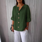 Women’s V-Neck Button T-Shirt – Loose Fit Long Sleeve Casual Top women-tshirt AllTrendMart Green S