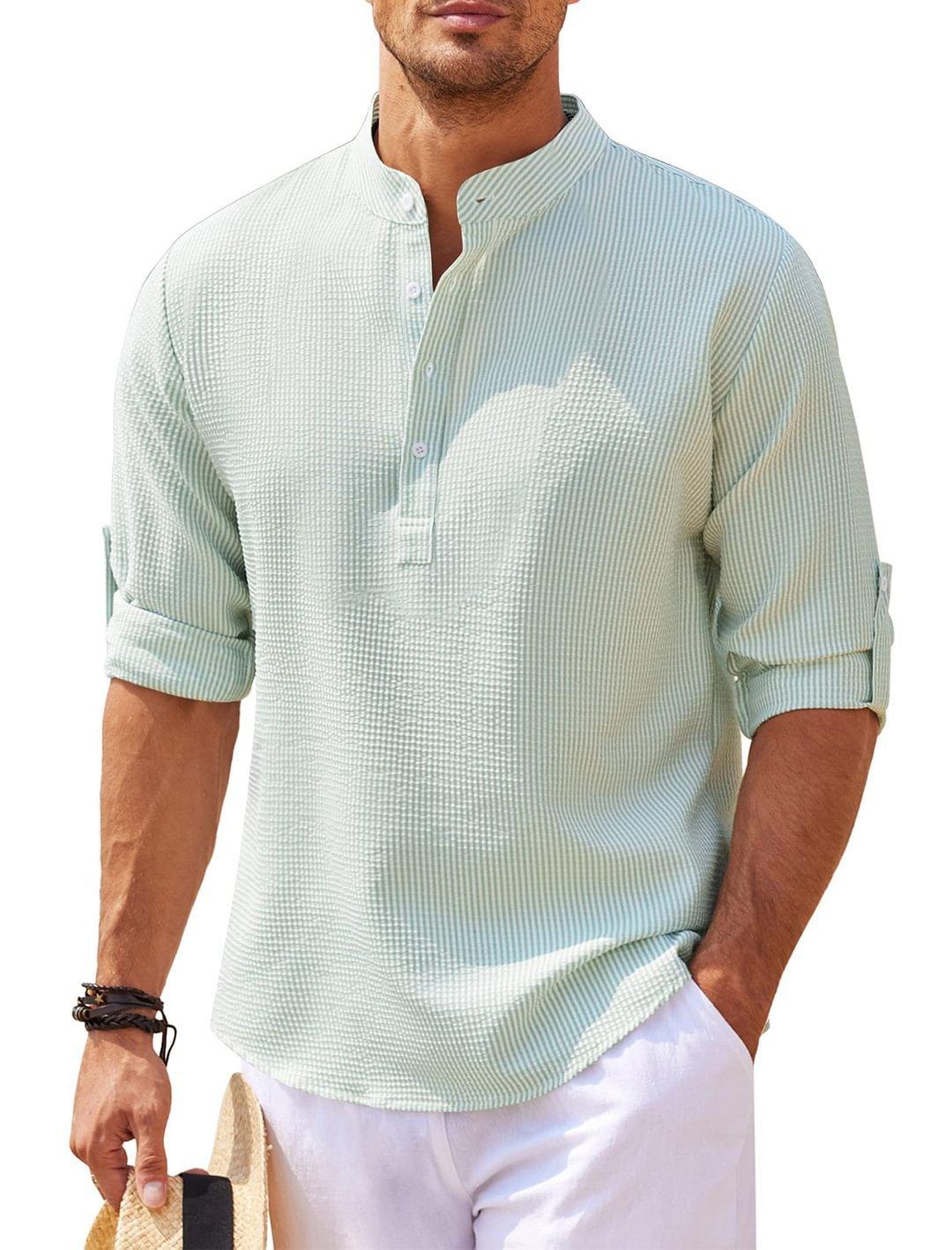 Men’s Stand Collar Long Sleeve Shirt – Casual Loose Fit Solid Color Top men-tshirt AllTrendMart