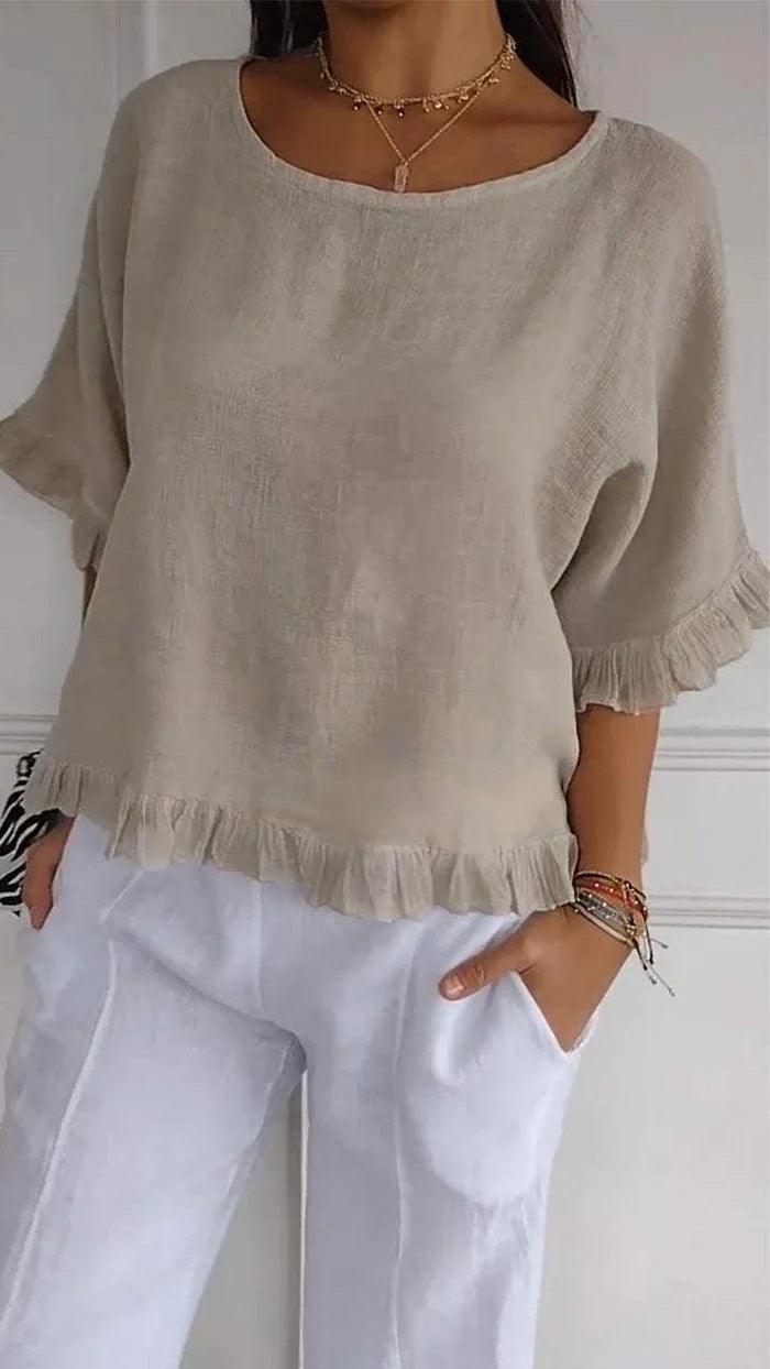 Women’s Ruffle Sleeve T-Shirt – Cotton Casual Short Sleeve Top women-tshirt AllTrendMart Beige S