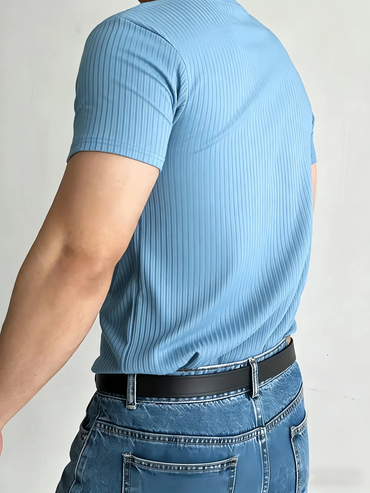 Men’s Stripe Fitness T-Shirt – Breathable High Collar Sport Tee men-tshirt AllTrendMart